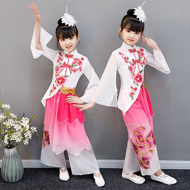 儿童古典舞演出服女童飘逸 中国风女童秧歌服舞台表演服扇舞伞舞