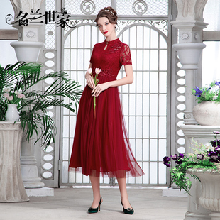 名兰世家婚礼妈妈礼服高端蕾丝短袖喜婆婆婚宴红色连衣裙原创设计