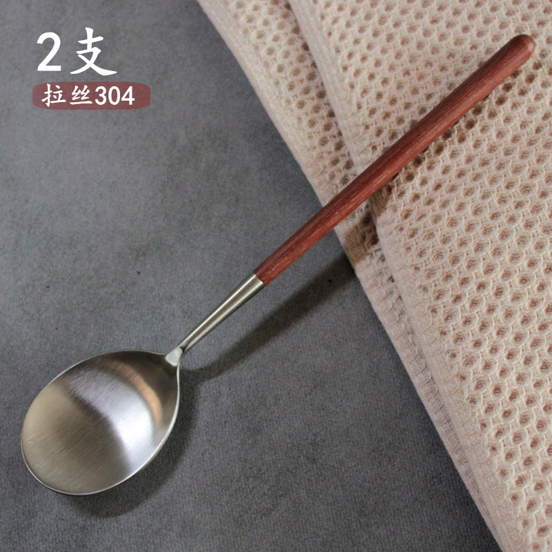 哑光质感拉丝不锈钢304餐勺汤匙花梨木柄勺家用日式拌饭吃饭勺子