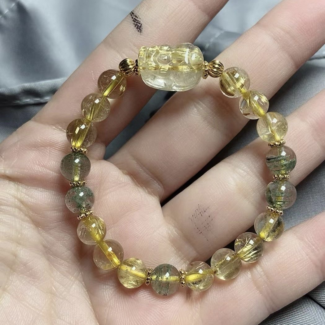 天然金发晶貔貅黄水晶手链女金发晶绿幽灵转运珠手串饰品生日礼物