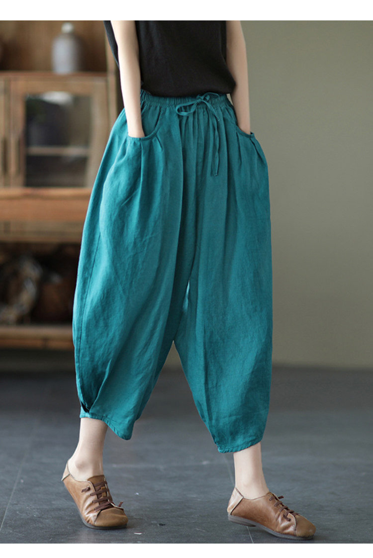 官方图复古亚麻松紧腰显瘦宽松灯笼裤纯色萝卜裤女