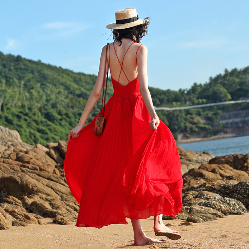 女夏小红裙红色超仙海边沙滩长裙三亚