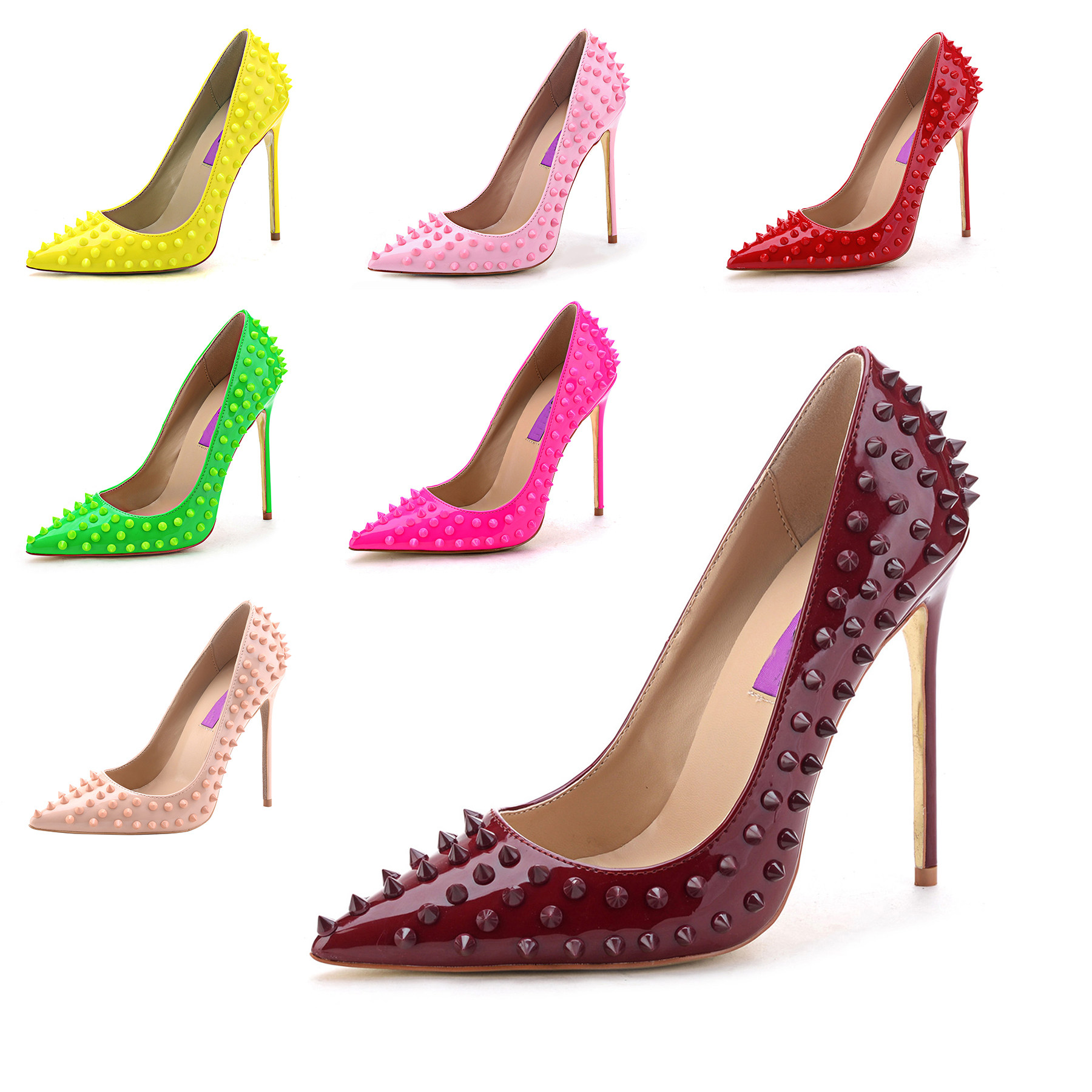 秋冬款网红漆皮铆钉尖头浅口单鞋女套脚细跟漆皮炫彩时尚高跟鞋