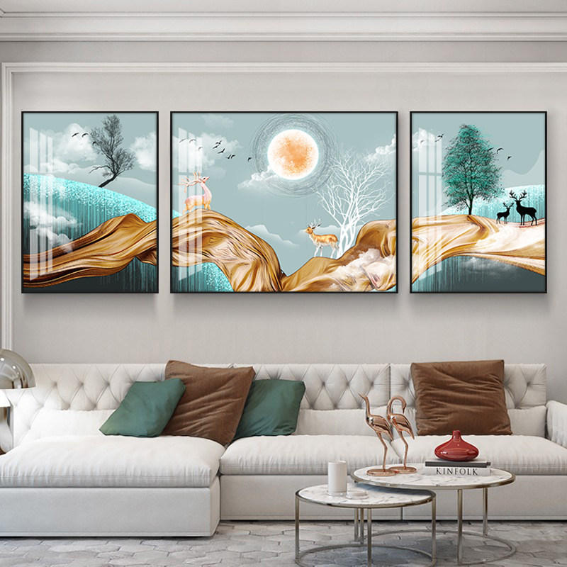一帆风顺客厅装饰画大气沙发背景墙挂画三联晶瓷画镶钻玄关壁画