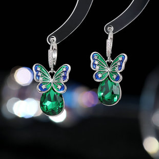 绿色水滴蝴蝶耳环S925银针小众设计感耳饰个性法式优雅气质耳扣女