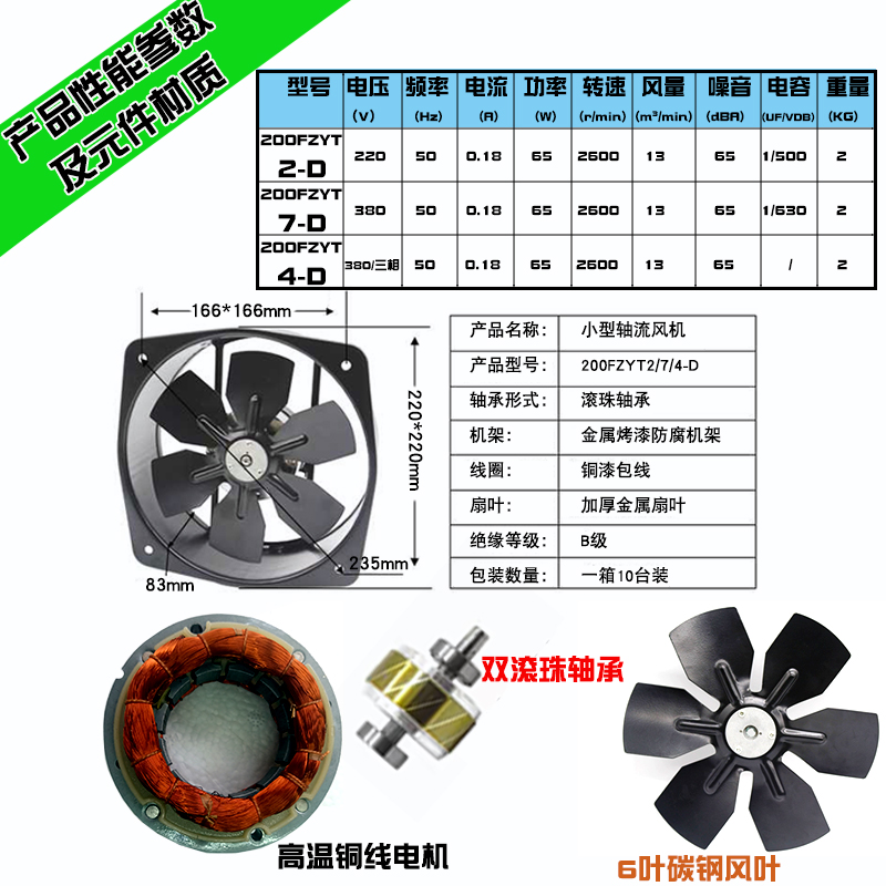 200FZYT2/7/4-D轴流风机220v 380V金属叶 耐高温 电焊机风扇 铜线