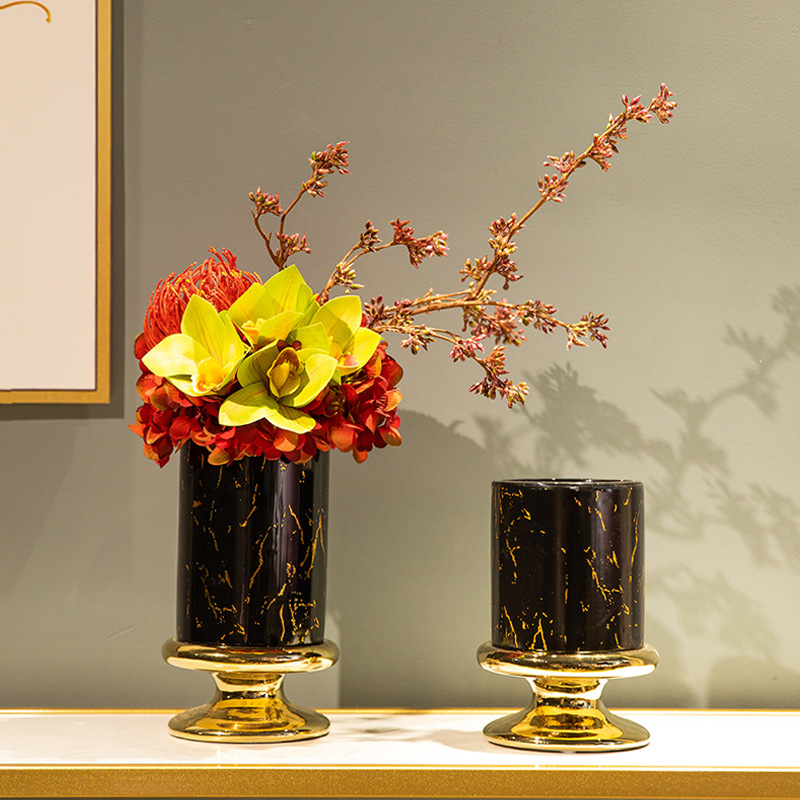北欧陶瓷电镀贴金花瓶三件套客厅软装轻奢花艺插花餐桌摆件装饰品