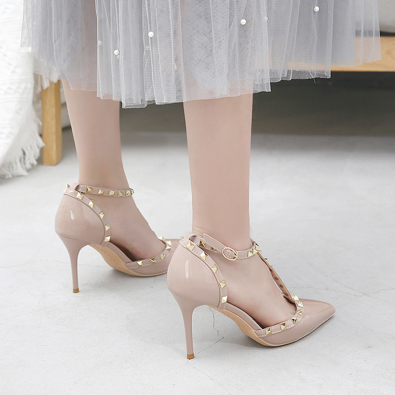 铆钉高跟鞋女细跟性感欧美一字带尖头气质凉鞋2022年新款夏季百搭