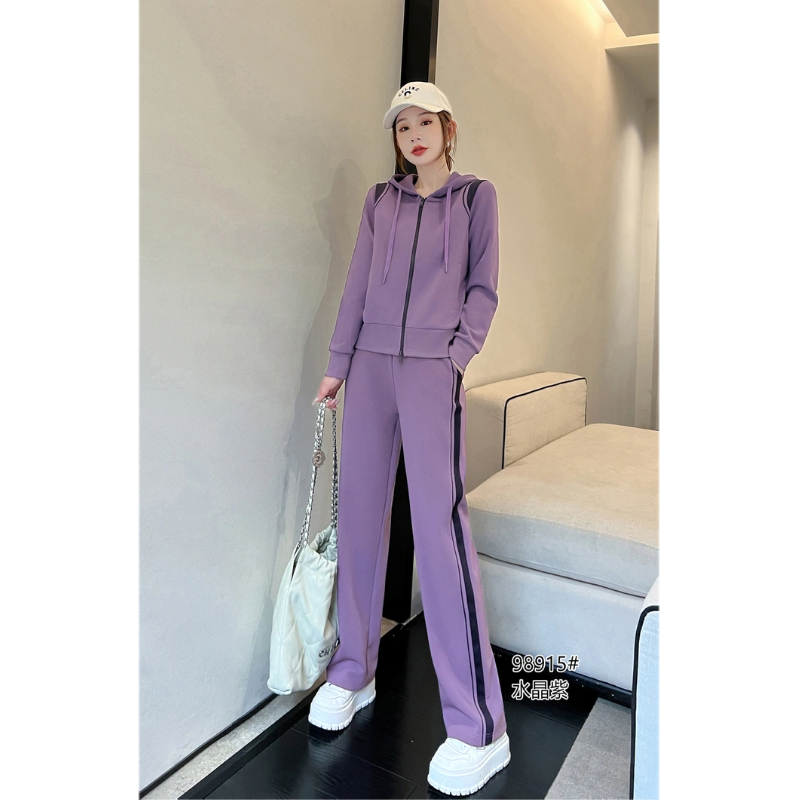 慕格运动服休闲品牌女2023春秋紫色阔腿裤连帽轻奢长袖外穿两件套