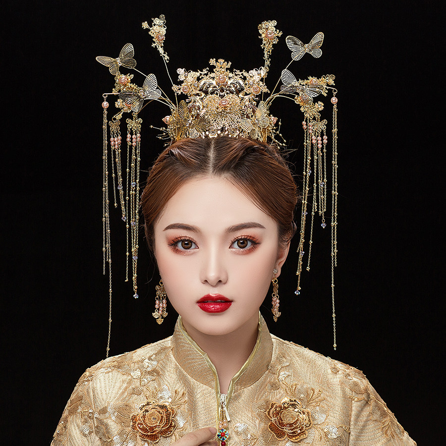 (今日7.3折)新娘古装头饰金色流苏步摇2020新款秀禾中式凤冠霞帔龙凤