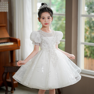 女童钢琴演奏演出服花童婚礼女孩礼服儿童主持人公主裙白色蓬蓬裙