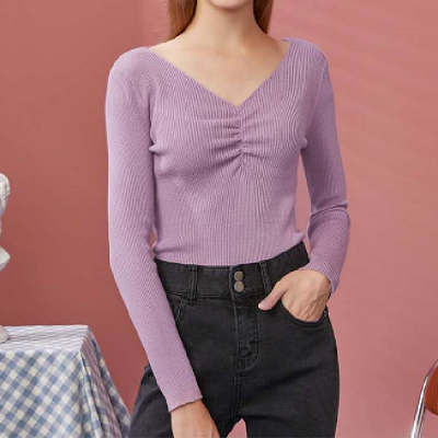 秋季性感显胸v领上衣皱褶长袖针织毛衣基础款打底衫女修身显瘦