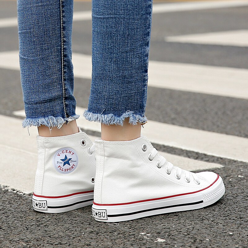 高帮帆布鞋女韩版学生百搭秋白色布鞋平底系带原宿ulzzang板鞋潮
