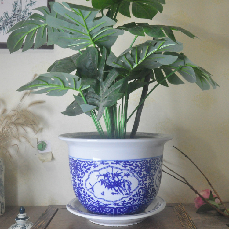 景德镇高温陶瓷青花瓷花盆办公书房装饰植物盆景梅兰竹菊四君子