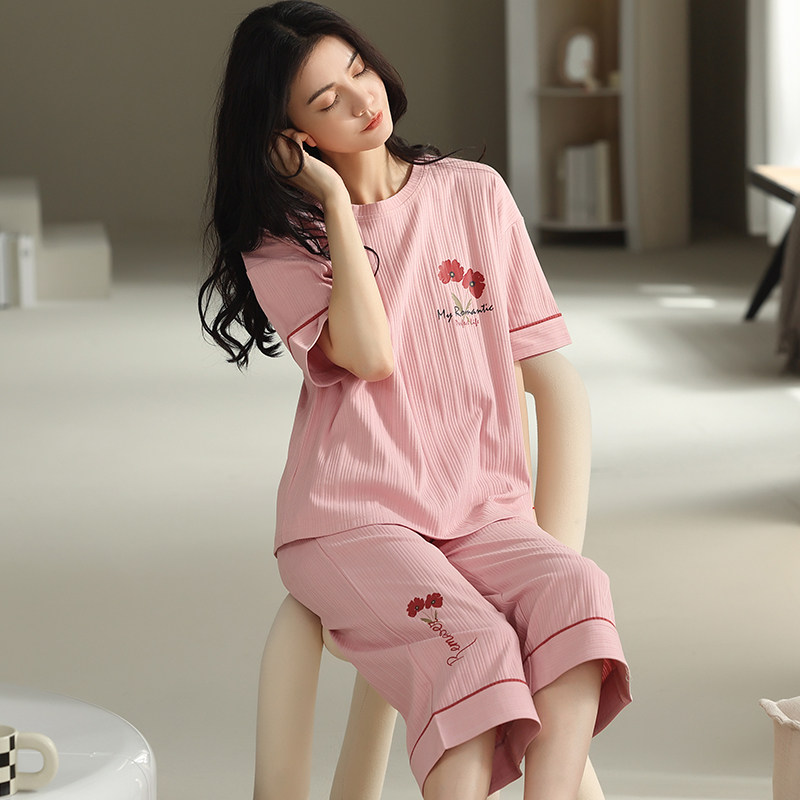睡衣春秋女款纯棉高级感短袖七分裤春夏季女士全棉宽松家居服套装