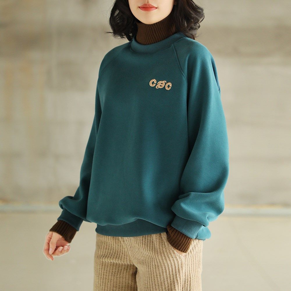 铜扣记高领加绒卫衣女加厚宽松韩版字母刺绣大码显瘦假两件上衣冬