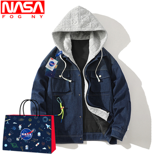 NASA旗舰店男士牛仔外套2023春秋新款潮牌工装夹克青少年连帽夹克