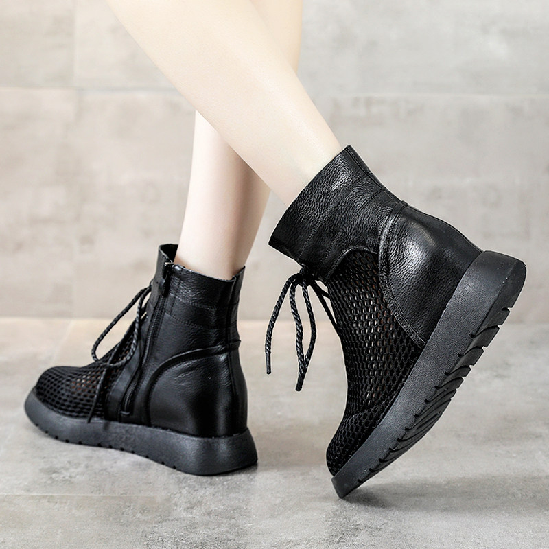 马丁靴女夏季网纱坡跟凉鞋潮2021新款百搭内增高凉靴春秋厚底短靴