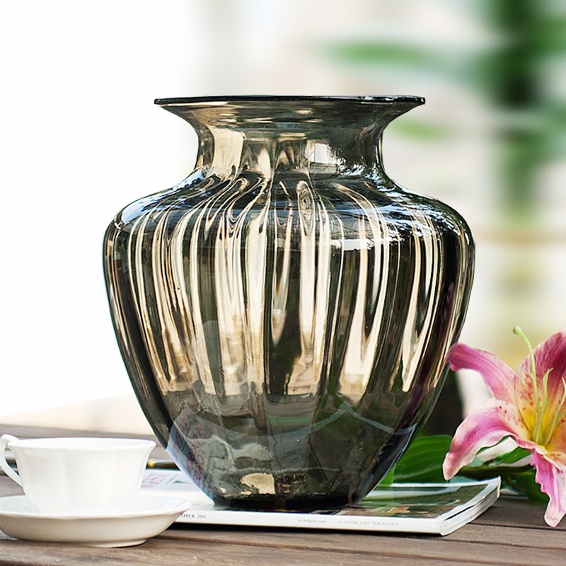 复古创意透明灰色玻璃花瓶水培玫瑰花花器家居客厅装饰品纯手工艺