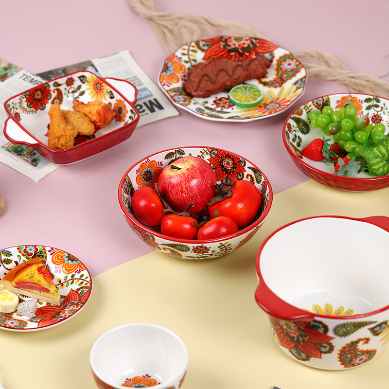 幸福花釉下彩陶瓷彩色花卉图案装饰碗盘焗饭面碗凉水壶不规则餐具