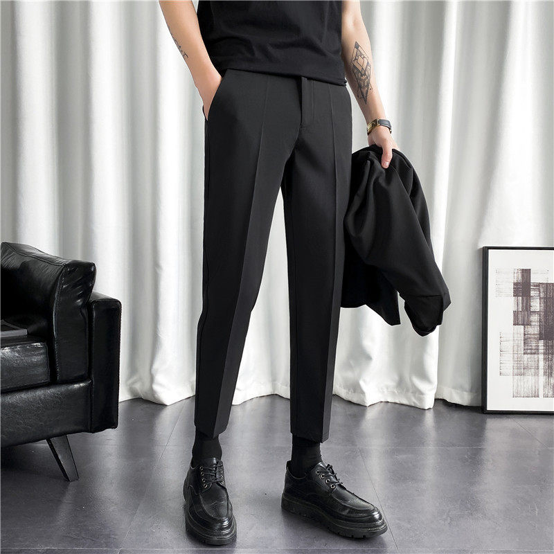 夏天潮男生小脚西裤子九分修身韩版青少年黑色西装裤港风休闲垂感