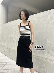 纳百牛仔裙女2023年夏季新款休闲后开叉橡筋头百搭黑色半身裙8520