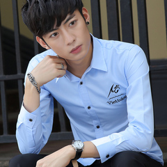 秋季商务长袖衬衫男士韩版修身型青少年休闲白色衬衣潮男装时尚寸