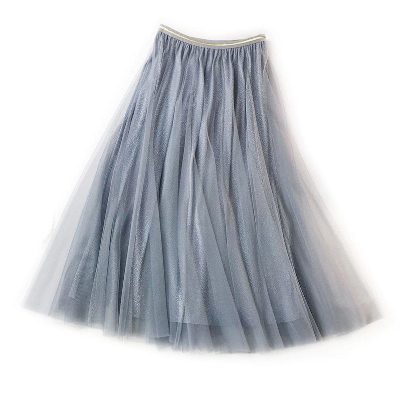 星空蓝莎莎高端亮闪光半身裙黑纱裙女半身冬天配毛衣网纱闪亮长裙