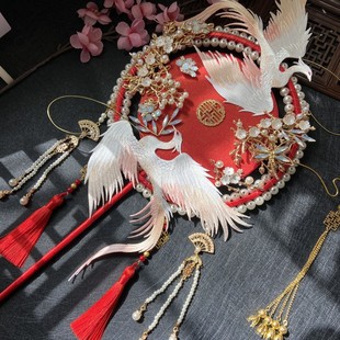 古风中式结婚新娘团扇双圈红色凤凰仙气手工秀禾喜扇 DIY材料包