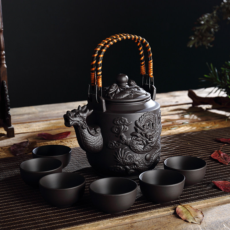 提梁壶陶瓷水壶紫砂壶大号茶壶凉茶家用复古茶具 茶杯套装大容量