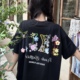 美式复古手绘字母立体小花刺绣短袖t恤女纯棉宽松设计感情侣上衣