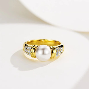 中古风珍珠镶钻戒指925纯银女天然黄金色设计感复古小众夸张情侣
