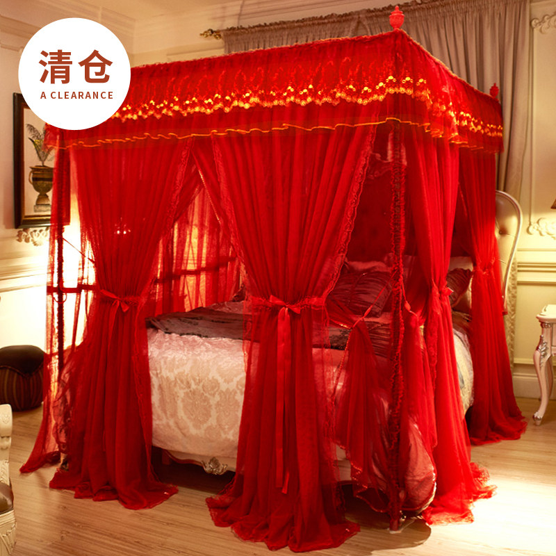 欧式双层红色蚊帐家用15米18m公主风宫廷三开门落地结婚庆双人