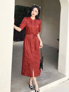 新中式连衣裙女装夏季2024新款红色高端精致妈妈气质短袖提花裙子