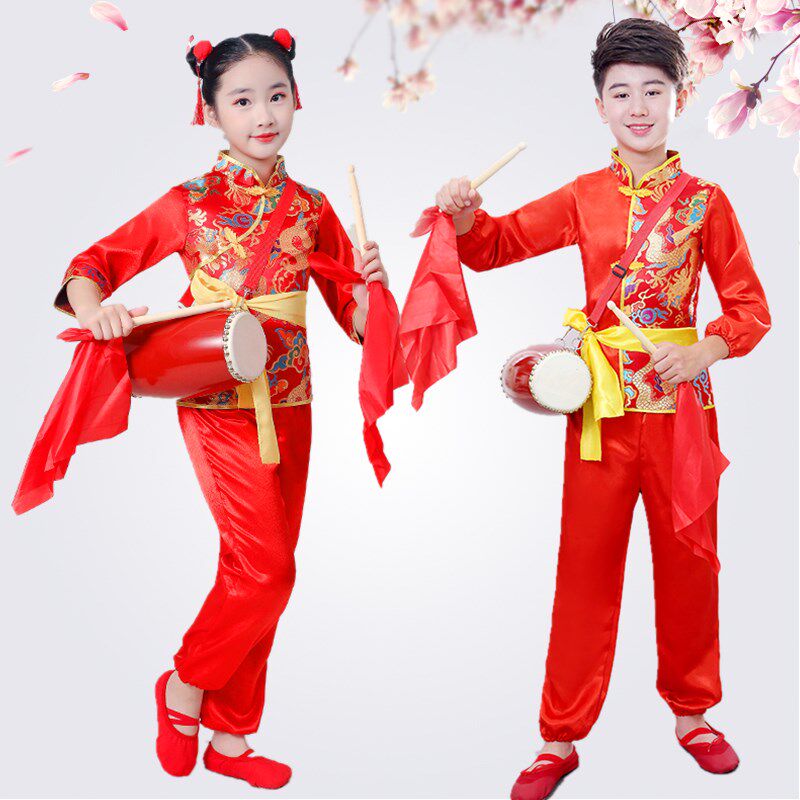 儿童打鼓服中国民族风元旦喜庆演出服腰鼓舞开门红小学生表演服装