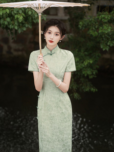 2024春秋新款绿色蕾丝旗袍三分袖长款少女高端气质改良传统连衣裙