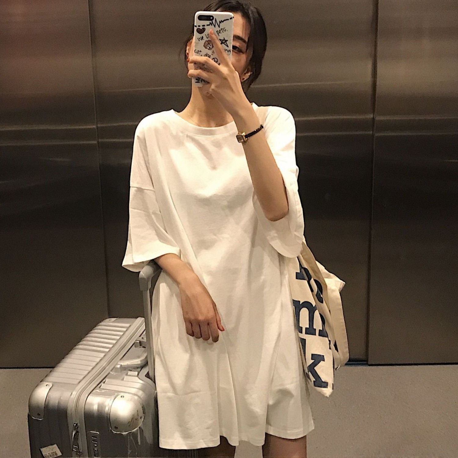 ins潮小个子纯棉胖人白色半袖上衣