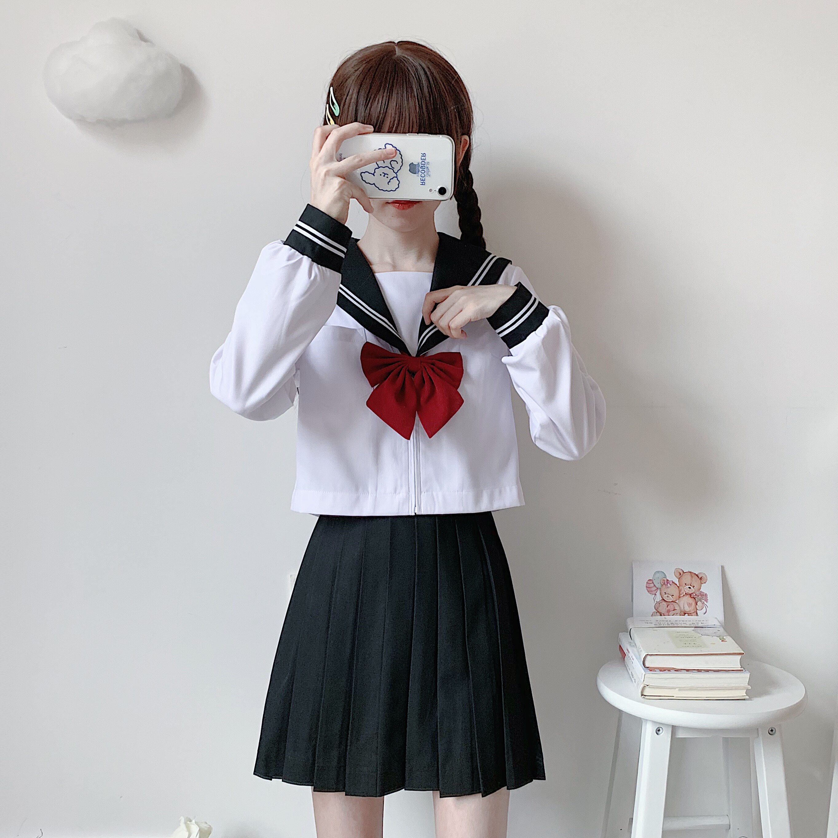 原创jk制服正统黑领二本基础款高温压褶定位线裙学院风水手服校服