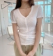 现韩国代购TALK TALK女装半袖上衣 春夏修身弹力螺纹棉V领短袖T恤