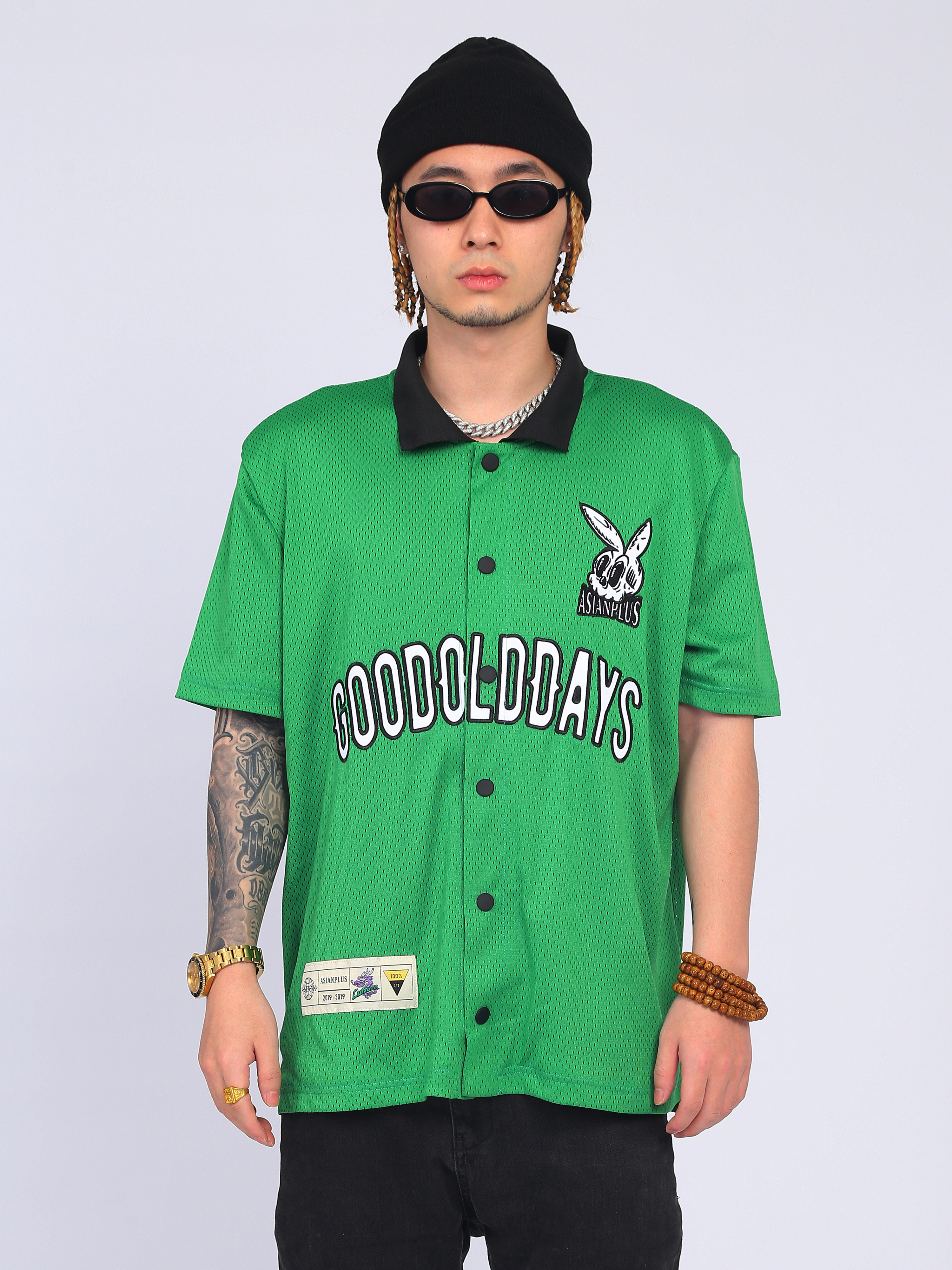 asianplus夏新品黑绿色骷髅兔网眼刺绣衬衫翻领嘻哈开衫男女同款