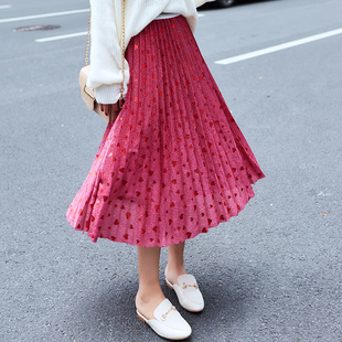 闪闪发光可爱心红色半身裙冬天配毛衣中长款百搭高腰百褶裙a字裙