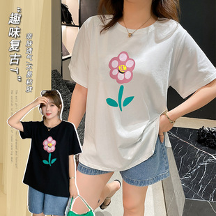 2022年微胖大码韩版街头风个性印花休闲T恤夏季新款宽松短袖上衣