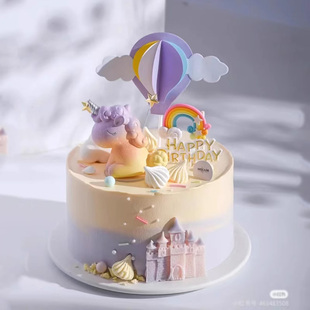 梦幻小仙女生日蛋糕装饰摆件独角兽儿童娃娃粉色彩虹气球烘焙插件