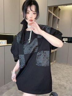 RR fashion 短袖T恤女2024夏季新款中长款拼接重工刺绣圆领上衣