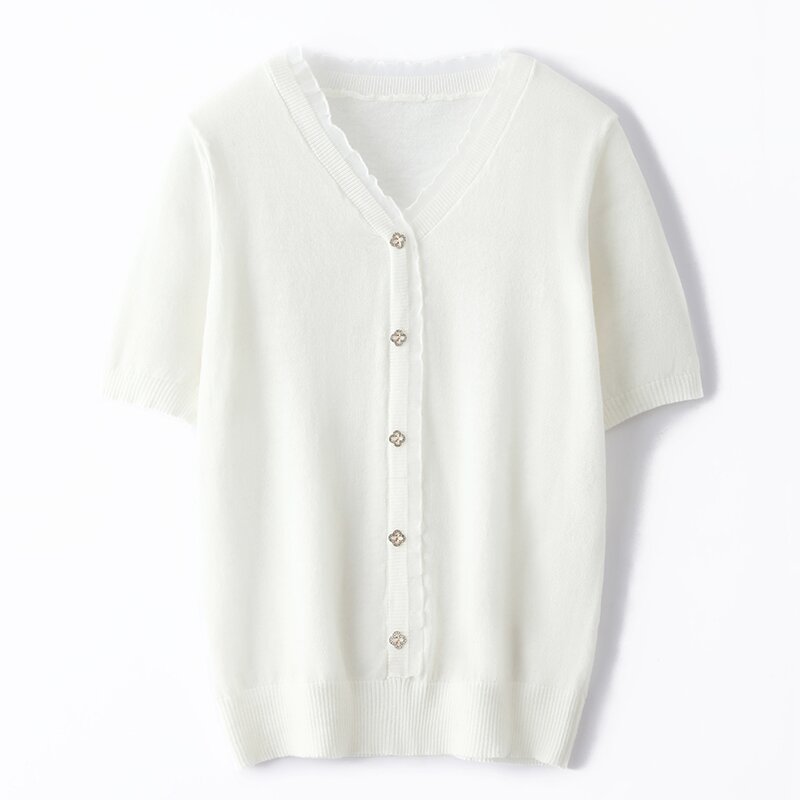 精仿细羊毛白色V领短袖T恤女2023夏季薄款宽松外穿纽扣上衣背心