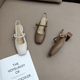 法式米色玛丽珍女单鞋2024年新款方头包头后空一字带粗跟凉鞋浅口