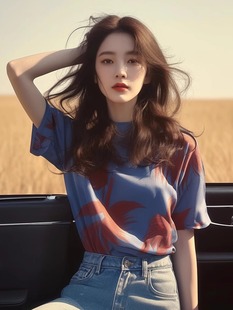 夏季韩系chic洋气减龄独特别致漂亮上衣时尚休闲蓝色印花短袖T恤