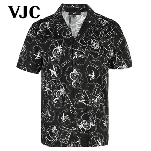 VJC/威杰思2023夏季男装新款黑色短袖衬衫印花上衣男士时尚潮流