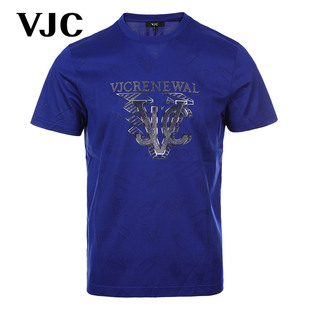 VJC 2024夏季男装新款短袖T恤蓝色烫钻休闲半袖 B23BA1023
