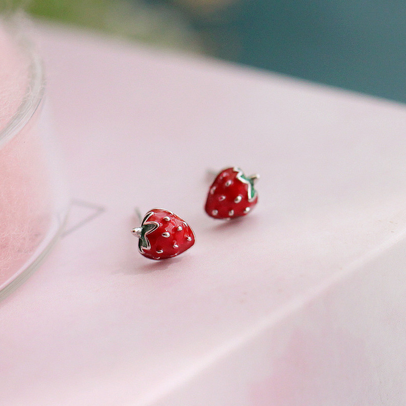 s925纯银红色小草莓耳钉女2024新款爆款耳饰可爱甜美小巧气质耳环